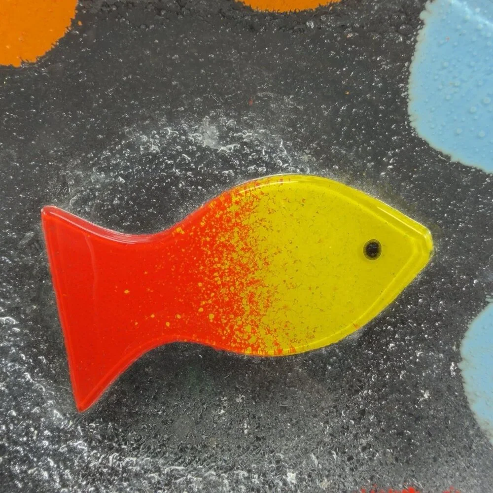 Square Fused‎ Art Glass Multicolor Dish Plate With Fish Textured Trinket Holder